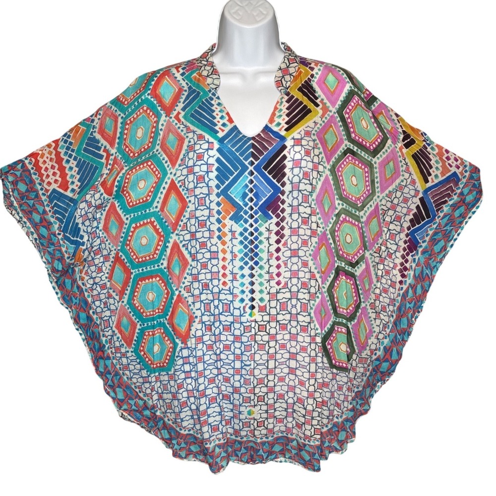 Tolani Collection Womens Multicolor Kaftan Top XS Geometric Boho Drapey Eclectic